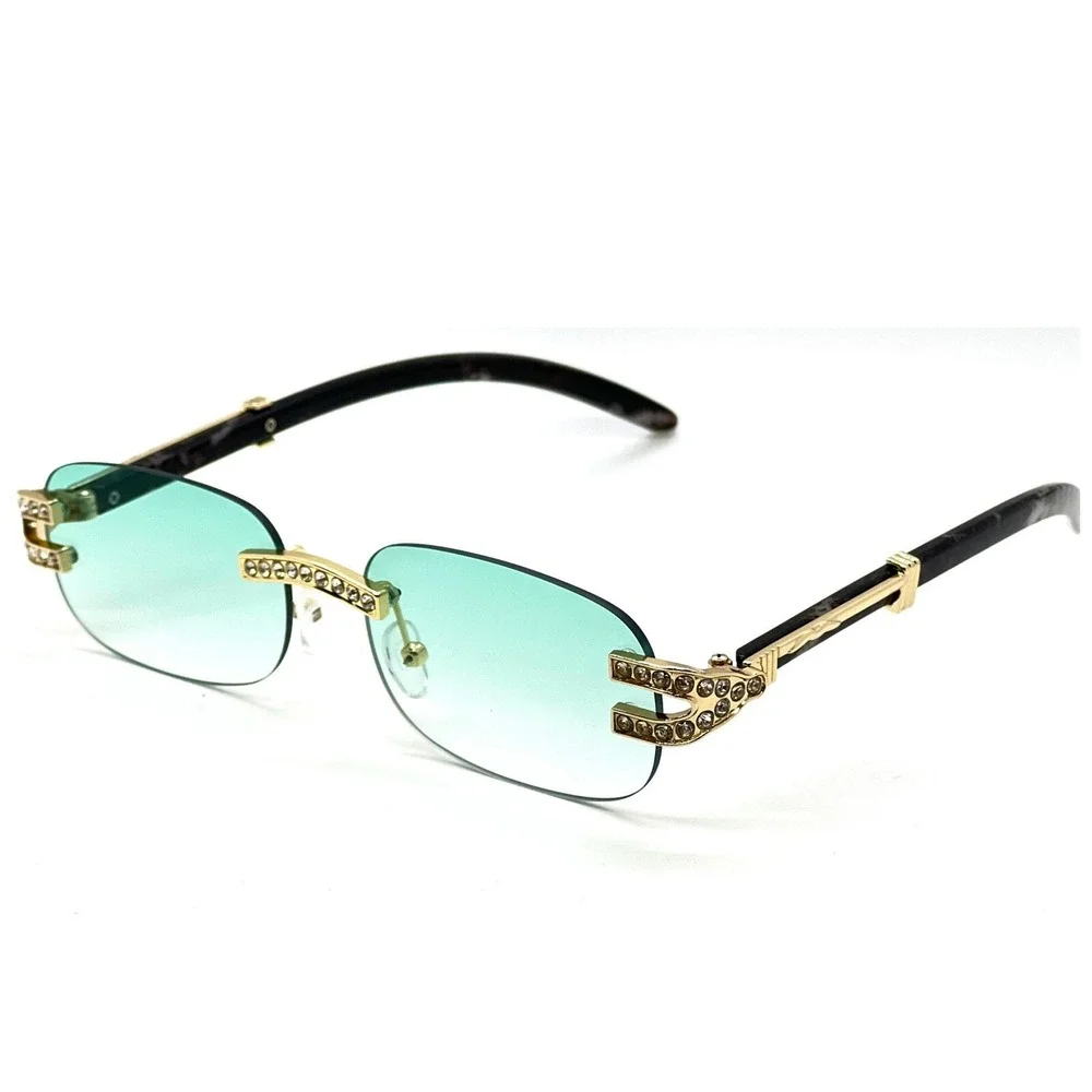 Rhinestone Rimless Men Sunglasses Fashion Green Tinted Lens Hip Hop Street Shade